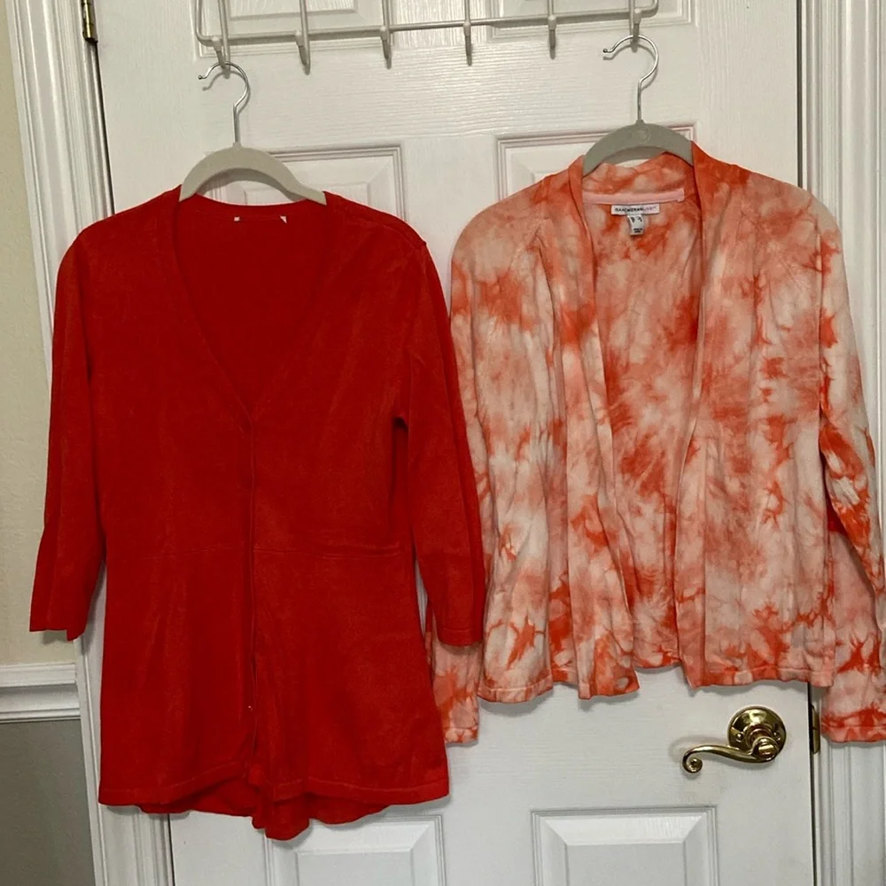 2 Isaac Mizrahi Sweaters - Coral Peplum, Coral Tie Dye Shrug Cardigan - Picture 1 of 16
